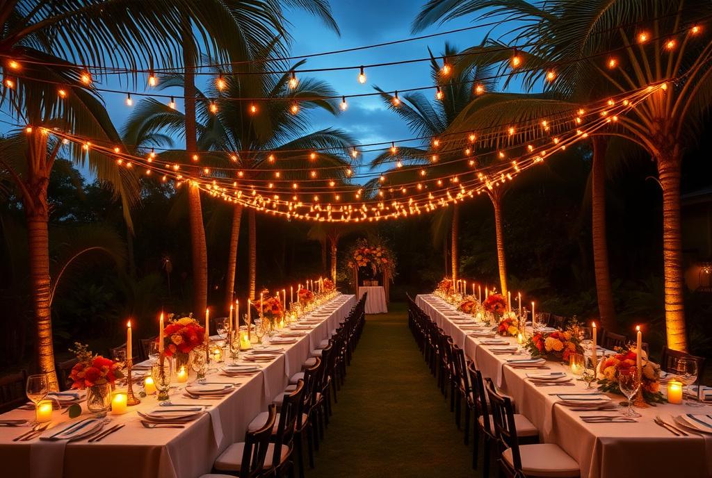 Long banquet table under fairy lights at a private garden celebration