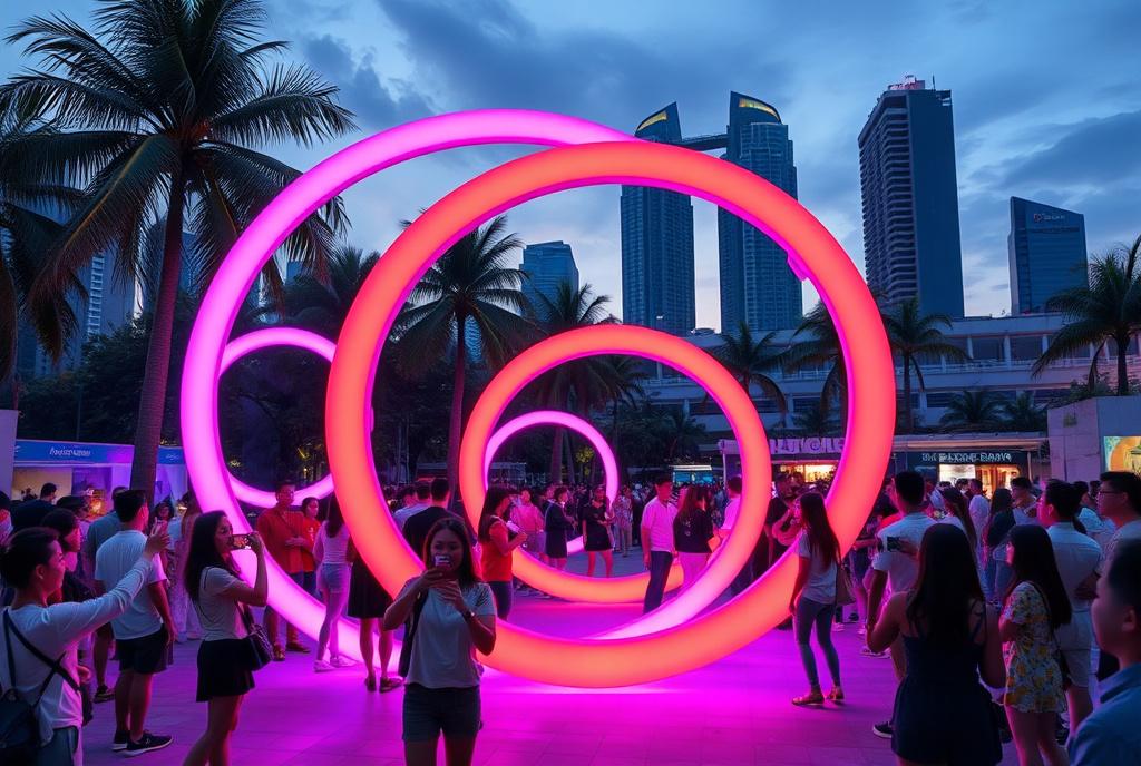 Shoppers interacting with a colourful pop-up brand activation